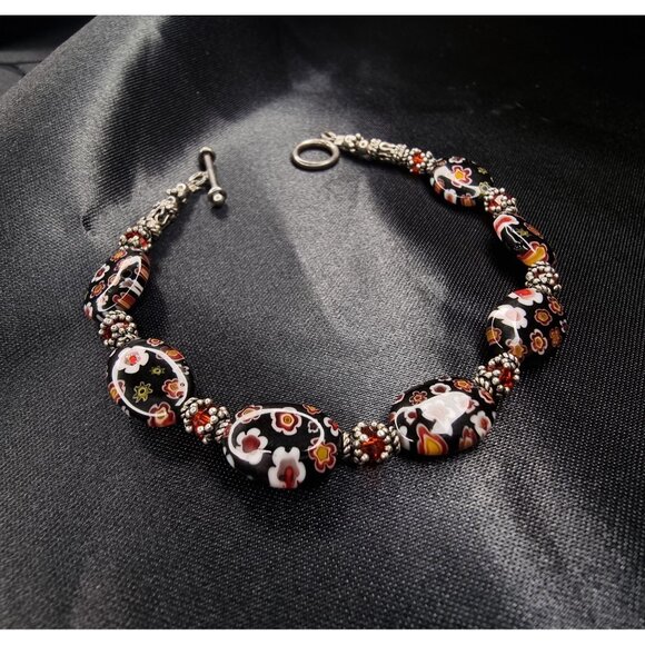 Vintage Millefiori Glass Bead Bracelet With Silver Accents & Toggle Clasp - Picture 1 of 5